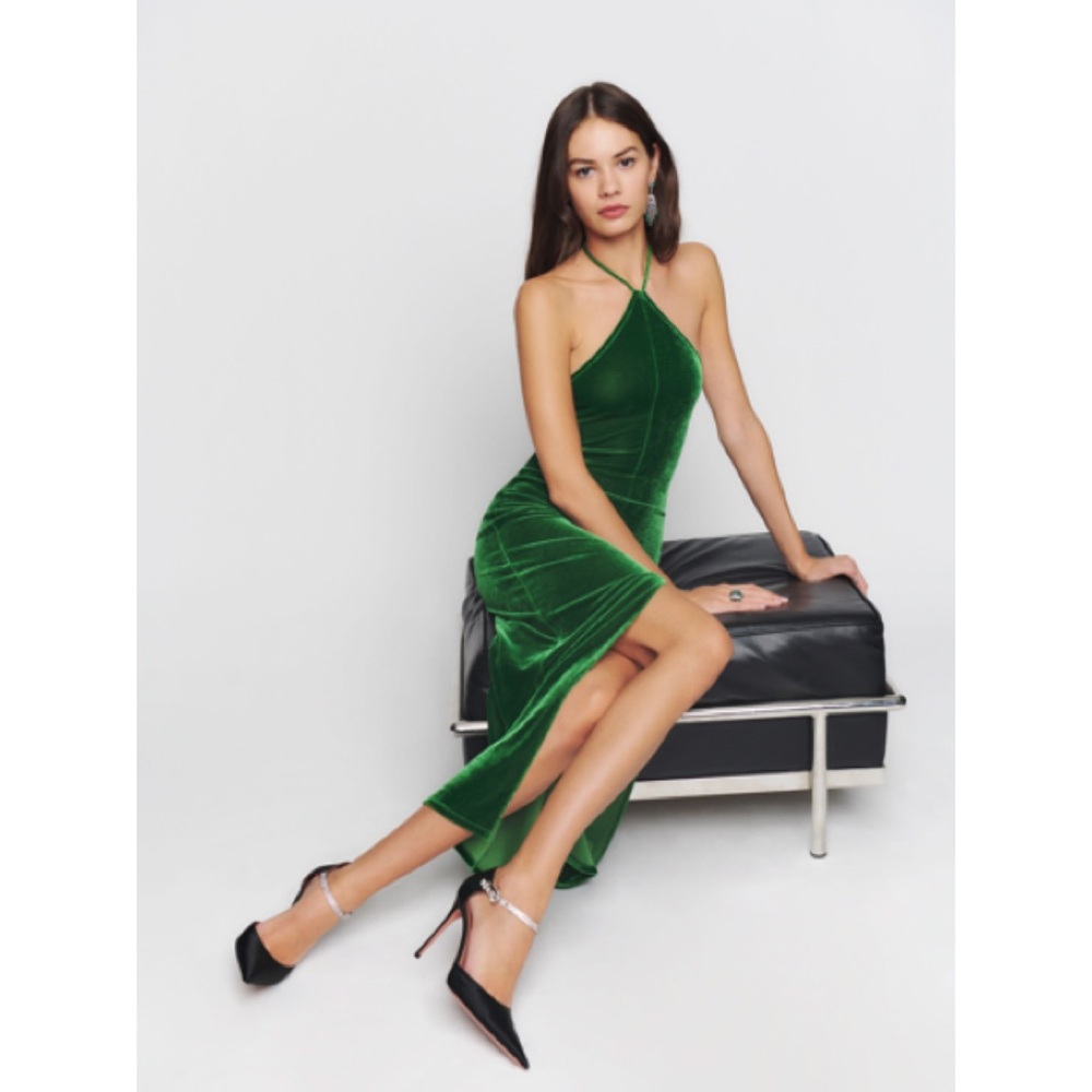 Reformation | Nyla Emerald Green Split Front Velvet Dress New w/ Tags ~ M - Picture 1 of 10